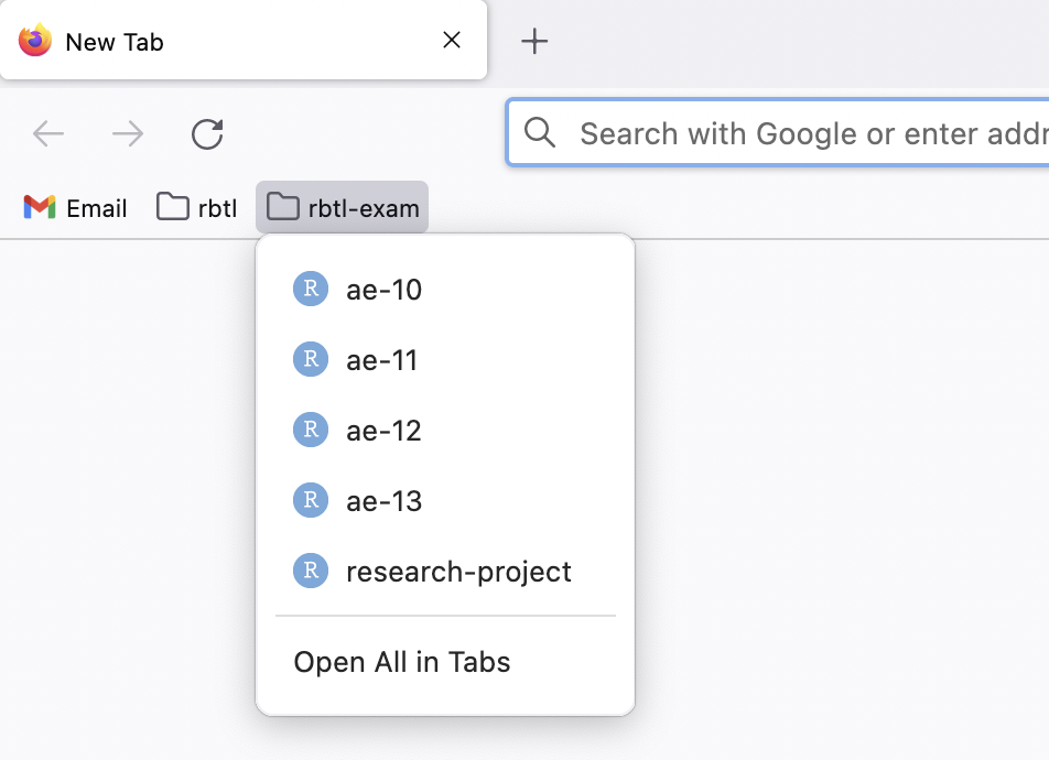 Screenshot a bookmarks toolbar with a folder for RStudio Cloud projects.