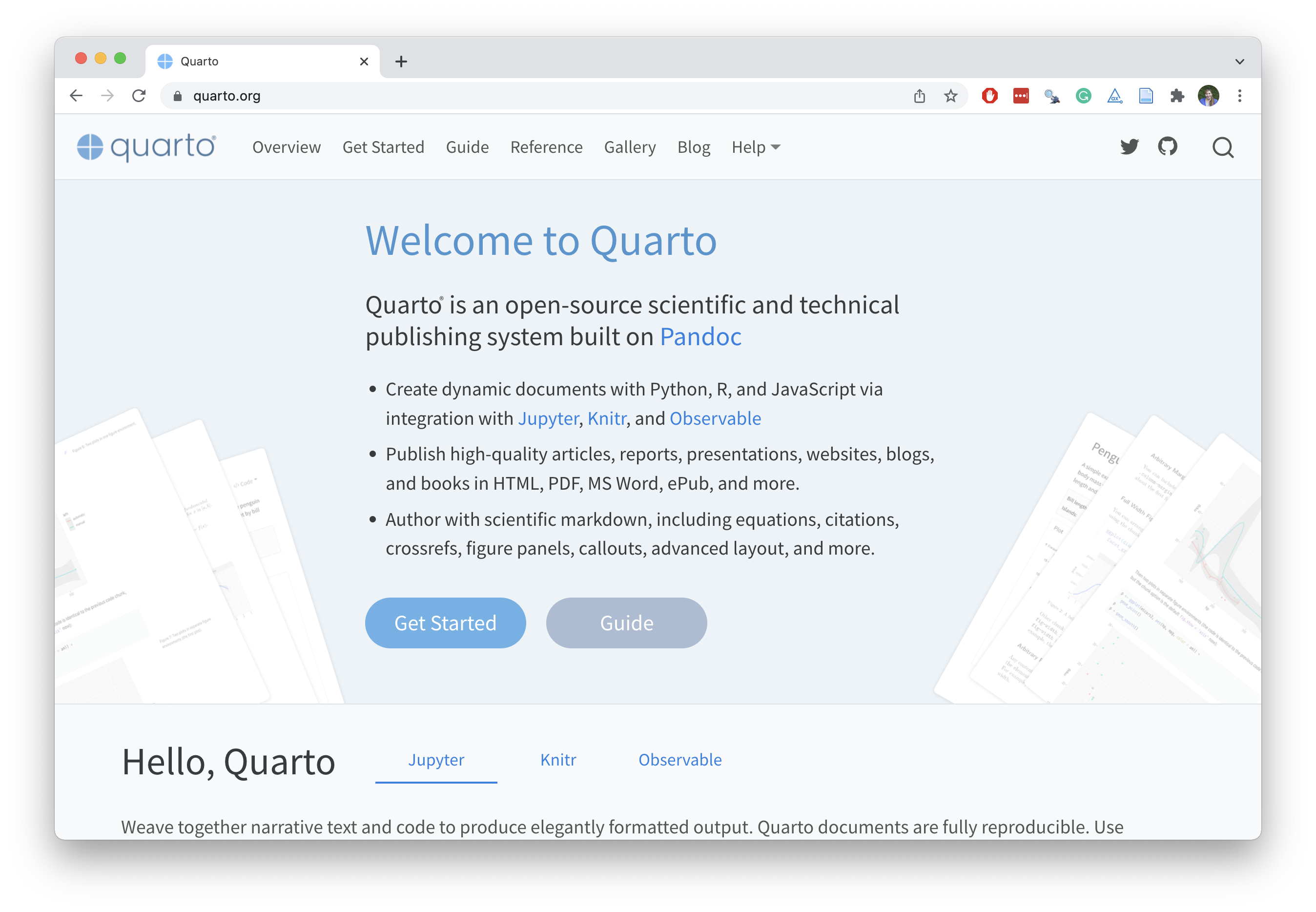 Screenshot of the Quarto homepage at https://quarto.org/.